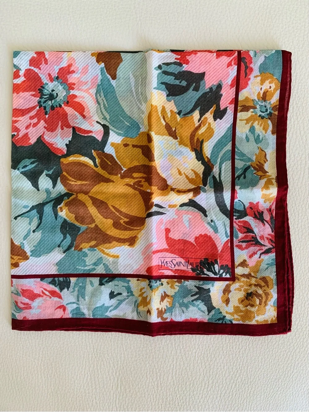 Yves Saint Laurent YSL Vintage Floral Handkerchief 18” Burgundy Pink White Japan